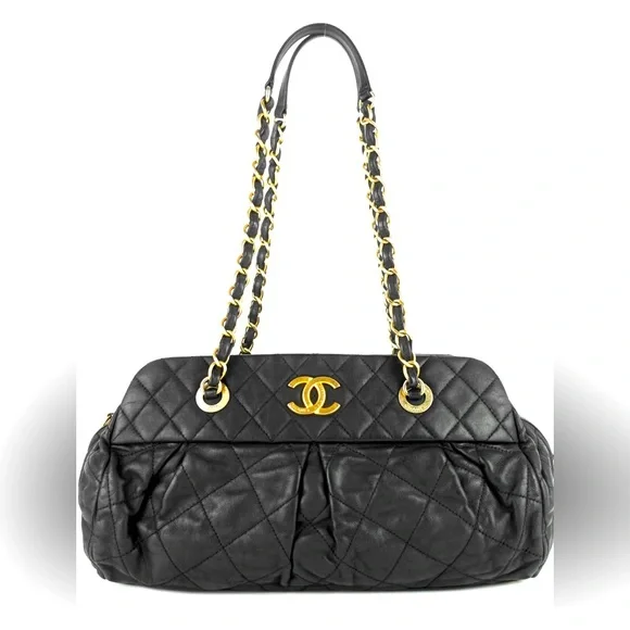 CHANEL Black Quilted Iridescent Calfskin Leather Chain Strap Bowling Bag - Picture 1 of 10